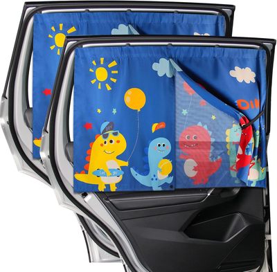 DIZA100 Car Window Shades, 2 PCS Magnetic Double Layer Sun Shade, Side Windows Privacy, Full Covers/Half Shade Options, Cute Dinosaurs, Compatible with Car, SUV, Minivan